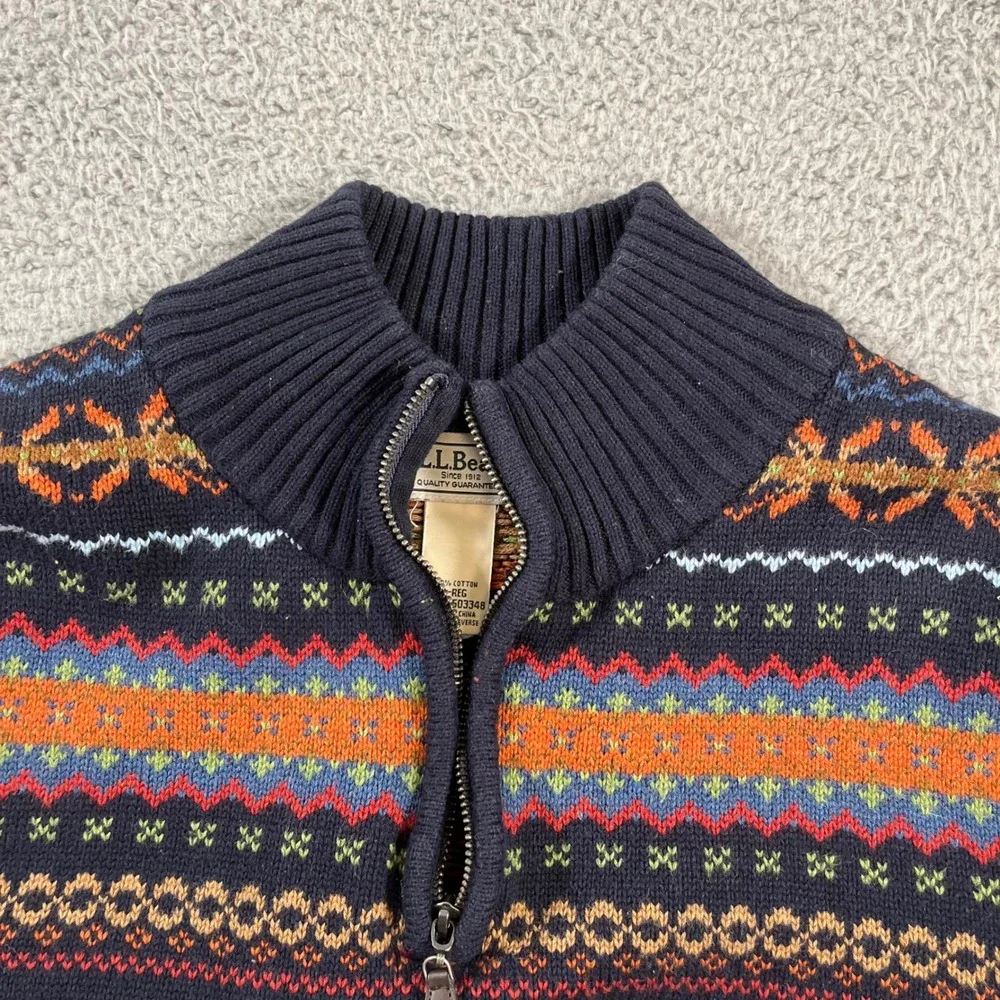 LL Bean Mens Size Large Fair‎ Isle 1/4 Zip Pullover Cotton Sweater Navy Multi